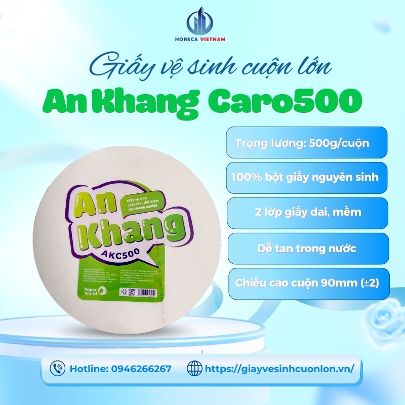 Giấy vệ sinh cuộn lớn An Khang Caro500 trọng lượng 500g, 100% bột giấy nguyên sinh 2 lớp giấy mềm dai, dễ tan trong nước