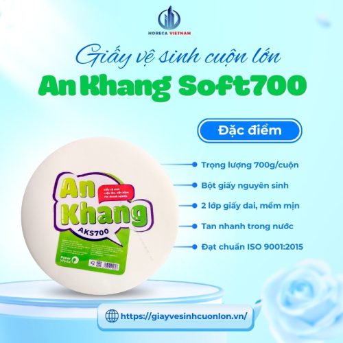 Giấy vệ sinh cuộn lớn An Khang Soft700 trọng lượng 700g, 100% bột giấy nguyên sinh, 2 lớp mềm dai, đạt chuẩn ISO 9001:2015