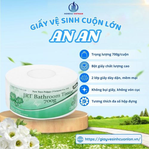 Giấy vệ sinh cuộn lớn An An 700g chất lượng cao với 2 lớp giấy dai, mềm mại, không bụi giấy, tương thích đa số hộp đựng giấy