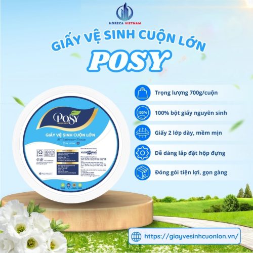 Giấy vệ sinh cuộn lớn Posy 700g làm từ 100% bột giấy nguyên sinh với 2 lớp giấy mềm mịn, tiện lợi, dễ lắp đặt hộp đựng