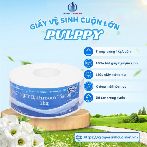 Giấy vệ sinh cuộn lớn Pulppy 1kg, 100% bột giấy nguyên sinh, mềm mại, không mùi hóa học, dễ tan trong nước, sử dụng tiện lợi