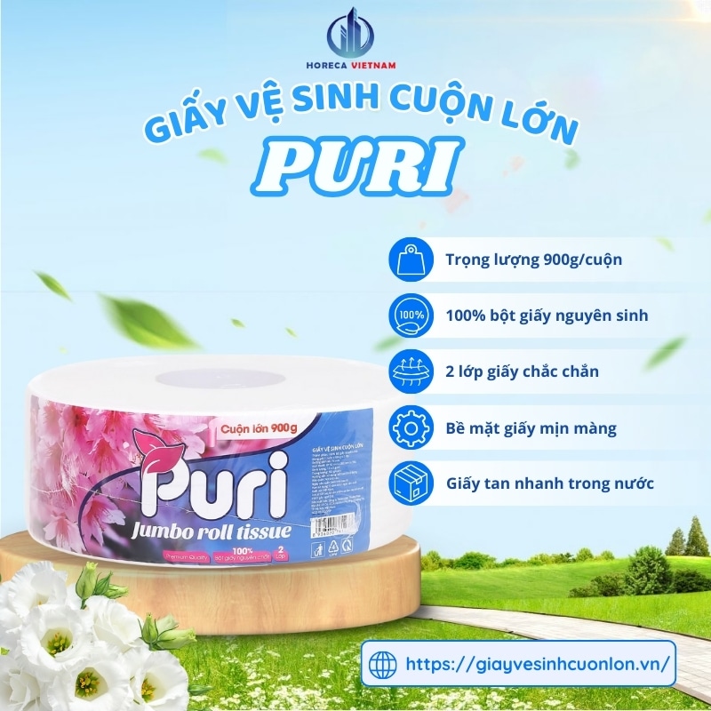 Giấy vệ sinh cuộn lớn Puri 900g, 100% bột giấy nguyên sinh, mềm mại, bền chắc, dễ tan trong nước, phù hợp cho doanh nghiệp