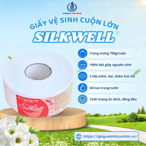 Giấy vệ sinh công nghiệp Silkwell 700g, 100% bột giấy nguyên sinh, mềm mại, thấm hút tốt, dễ tan trong nước, chất lượng ổn định