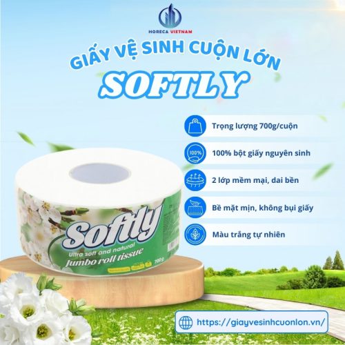 Giấy vệ sinh cuộn lớn Softly 700g, 100% bột giấy nguyên sinh, 2 lớp giấy mềm mại, dai bền, không bụi giấy, màu trắng tự nhiên
