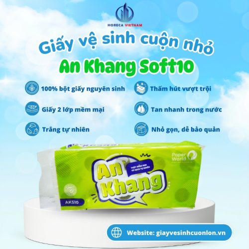 Giấy vệ sinh cuộn nhỏ An Khang Soft10, 100% bột giấy nguyên sinh, 2 lớp giấy mềm mại, thấm hút vượt trội, tan nhanh trong nước