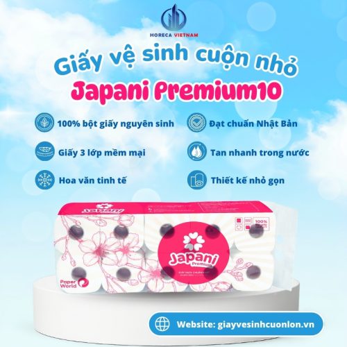 Giấy vệ sinh cuộn nhỏ Japani Premium10 cao cấp với 3 lớp giấy mềm mại, thiết kế nhỏ gọn, hoa văn tinh tế, đạt chuẩn Nhật Bản