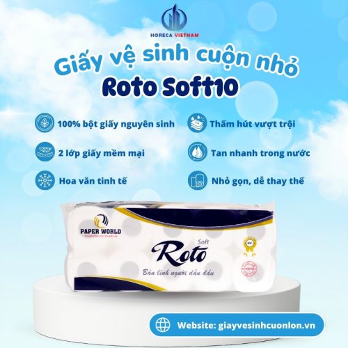 Giấy vệ sinh cuộn nhỏ Roto Soft10, 100% bột giấy nguyên sinh, 2 lớp giấy mềm mại, thấm hút vượt trội, tan nhanh trong nước