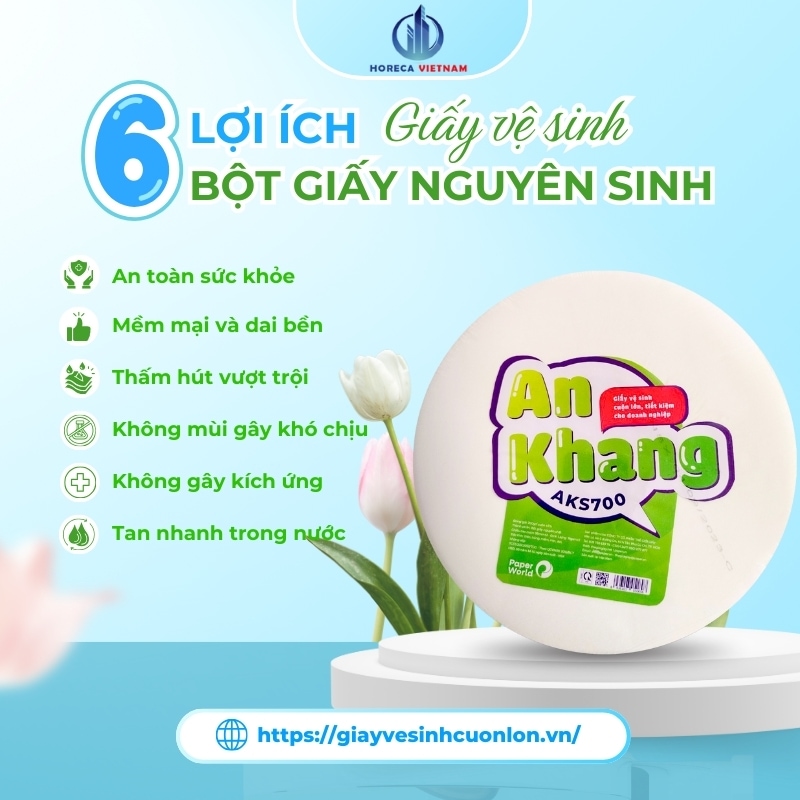 Lợi ích giấy vệ sinh bột giấy nguyên sinh là an toàn sức khỏe, mềm dai, thấm hút tốt, không gây kích ứng, tan nhanh trong nước