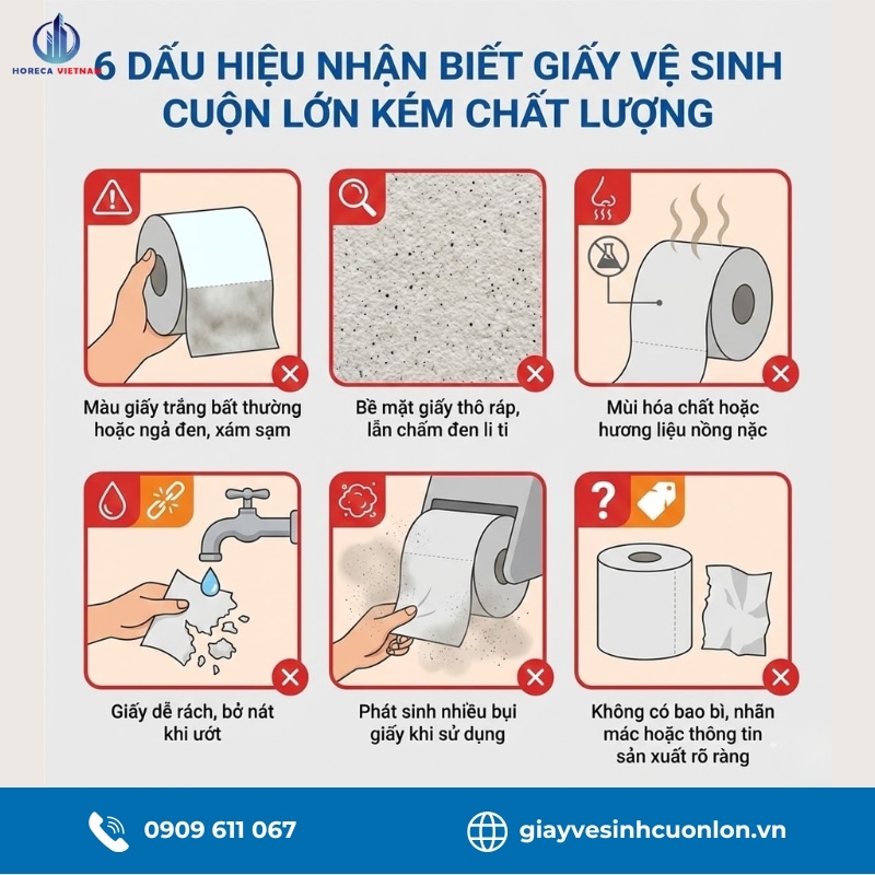 6 dấu hiệu nhận biết giấy vệ sinh cuộn lớn kém chất lượng từ màu giấy, bề mặt giấy, mùi hương, bao bì và nhãn mác