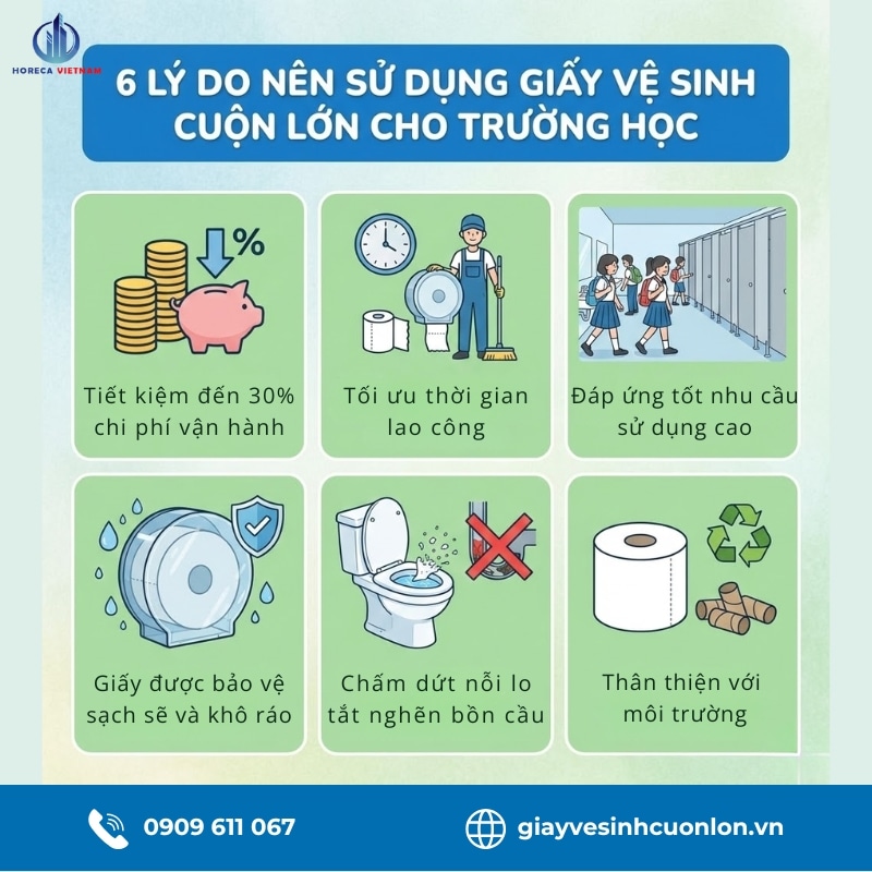6 lý do nên dùng giấy vệ sinh cuộn lớn cho trường học giúp: tiết kiệm chi phí, thời gian, đảm bảo vệ sinh, đáp ứng nhu cầu sử dụng cao,...