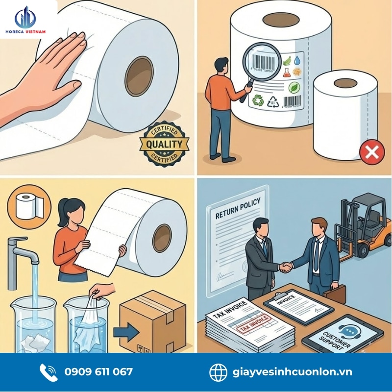 Hướng dẫn mua giấy vệ sinh cuộn lớn: chọn thương hiệu uy tín, thông tin nhãn mác rõ ràng, có chứng nhận chất lượng và hóa đơn đầy đủ