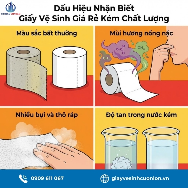 Dấu hiệu giấy vệ sinh giá rẻ kém chất lượng: màu lạ, mùi nồng, nhiều bụi giấy và tan kém trong nước