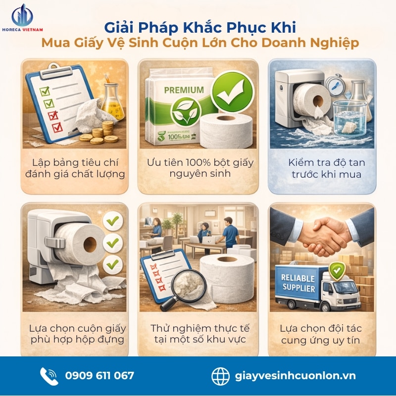 Giải pháp khi mua giấy vệ sinh cuộn lớn cho doanh nghiệp: kiểm tra chất lượng, chất giấy, độ tan, kích thước, thử nghiệm và chọn nhà cung cấp uy tín