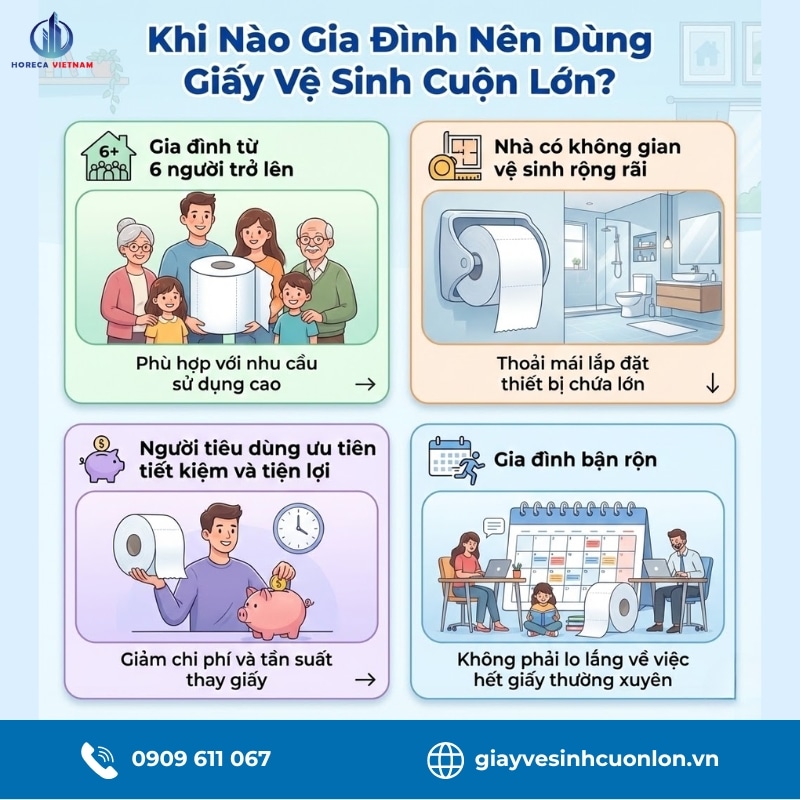 Gia đình nên dùng giấy vệ sinh cuộn lớn khi nhà có đông người, bận rộn, ưu tiên tính tiết kiệm, tiện lợi và không gian vệ sinh rộng rãi