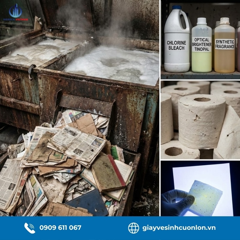 Quy trình sản xuất giấy vệ sinh giá rẻ từ giấy tái chế, tẩy trắng bằng Clo và Tinopal, tiềm ẩn hóa chất độc hại