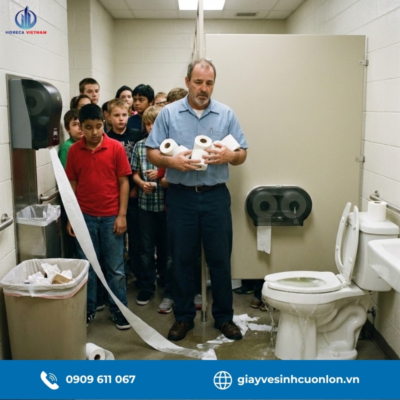 Nhà vệ sinh trường học quá tải vì dùng giấy cuộn nhỏ, minh họa nhu cầu sử dụng giấy vệ sinh cuộn lớn cho trường học