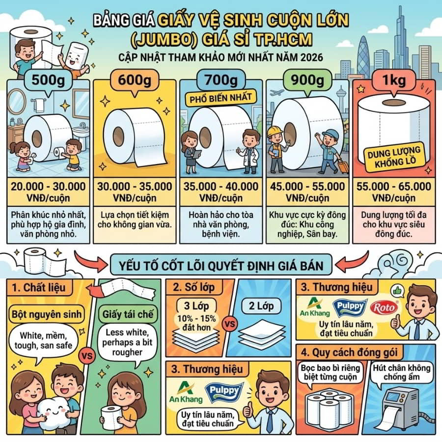 Báo giá giấy vệ sinh cuộn lớn giá sỉ tại Tp.HCM mới nhất 2026