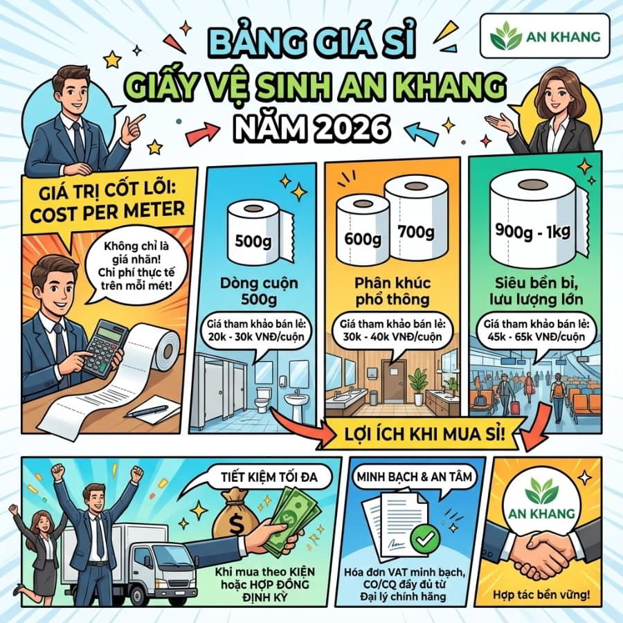 Báo giá sỉ giấy vệ sinh cuộn An Khang năm 2026 tại Horeca Việt Nam