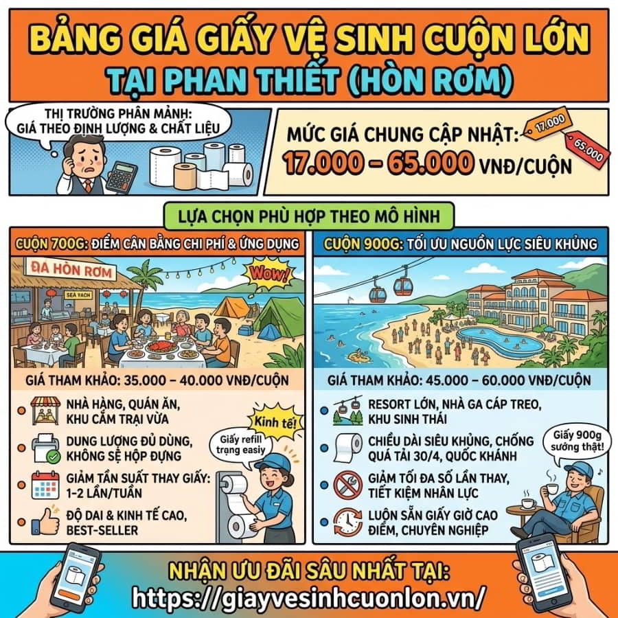 Báo giá sỉ giấy vệ sinh cuộn lớn Hòn Rơm tại Phan Thiết mới nhất 2026
