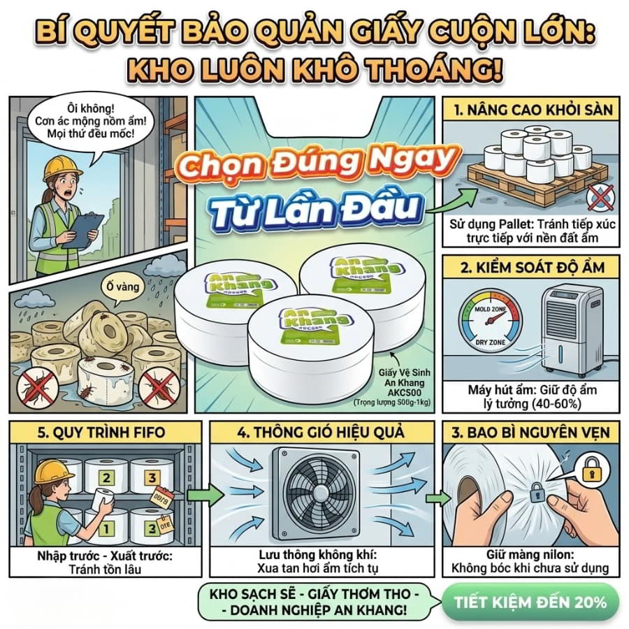 Cách bảo quản giấy vệ sinh cuộn lớn không bị ẩm mốc trong kho