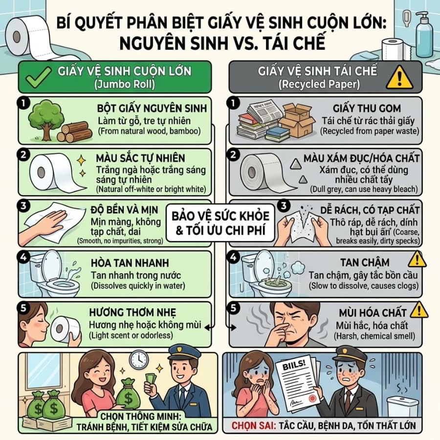 Phân biệt giấy vệ sinh cuộn lớn thật giả bảo vệ sức khỏe và chi phí doanh nghiệp.
