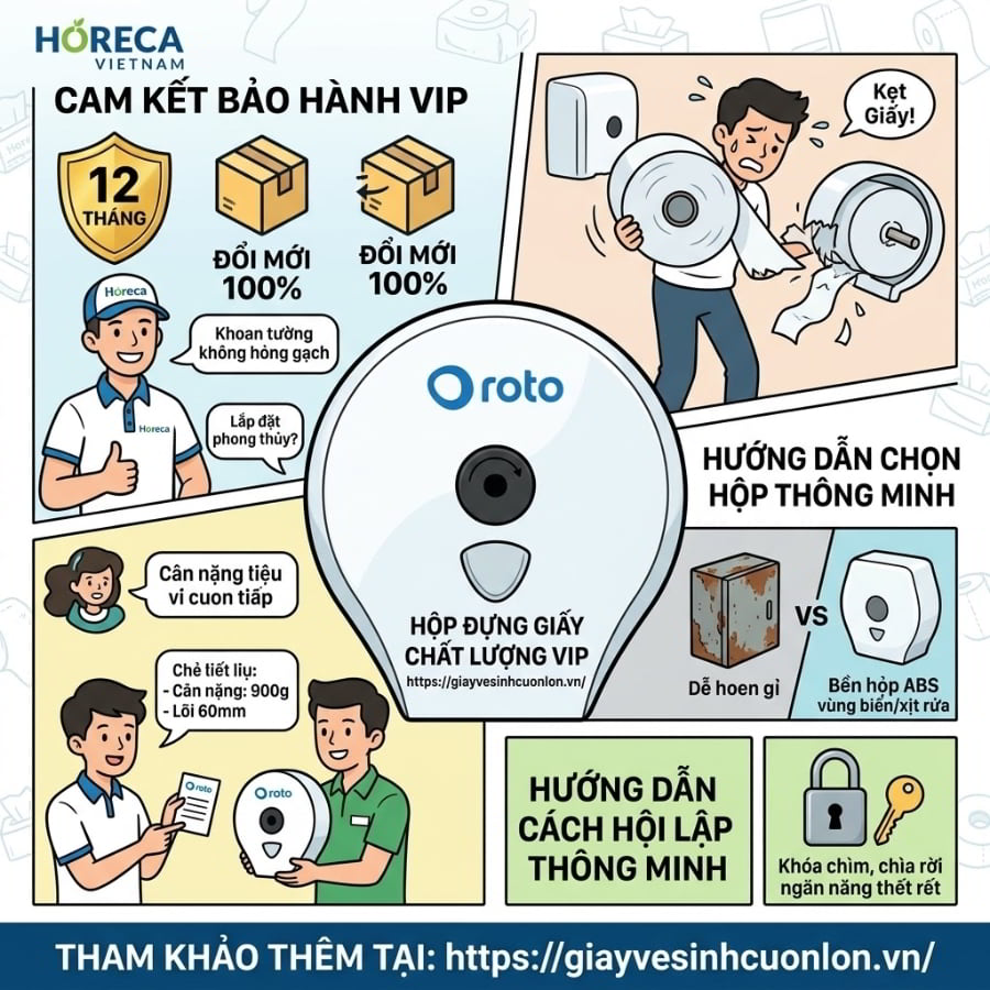 Chúng tôi sẵn sàng đồng hành, tư vấn miễn phí cách lắp đặt hộp giấy chuẩn phong thủy, khoan tường không hỏng gạch men, và cách bảo quản thiết bị để gia tăng tuổi thọ lên đến 3-5 năm.