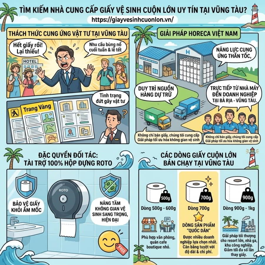 Horeca Việt Nam cung cấp giấy vệ sinh cuộn lớn cho nhà hàng quán ăn kèm theo ưu đãi tài trợ 100% hộp đựng giấy Roto chuyên dụng cao cấp