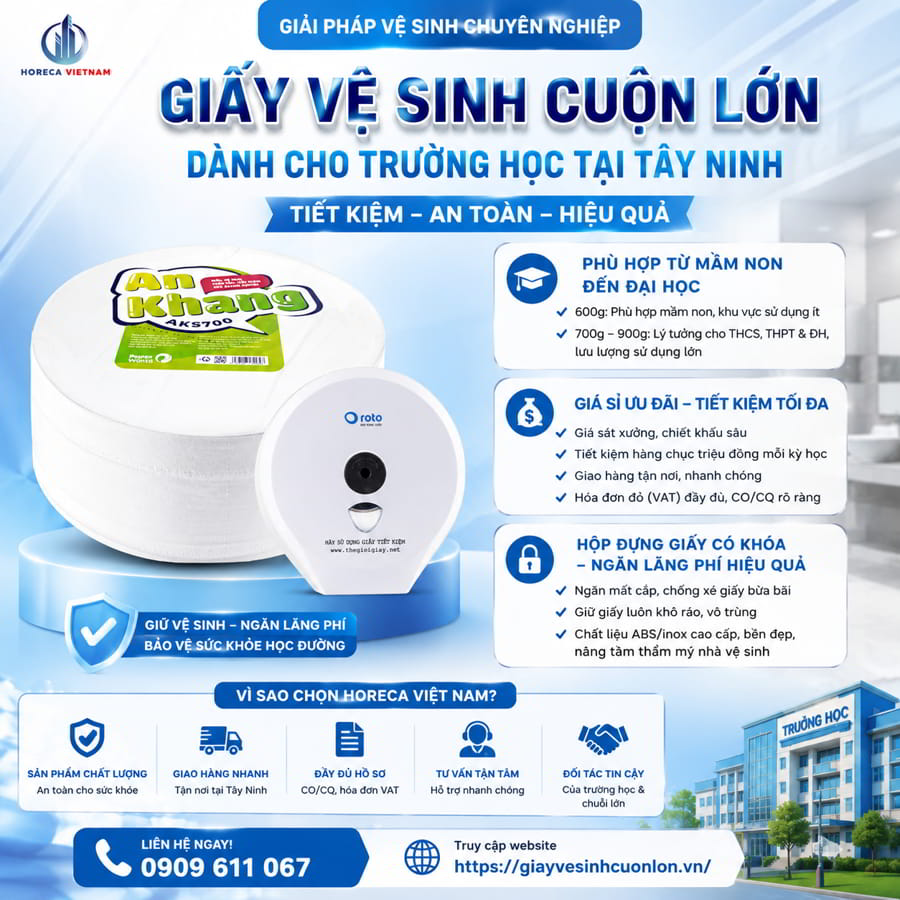 Horeca Việt Nam cung cấp chính sách giấy vệ sinh cuộn lớn giá sỉ với mức chiết khấu cực sâu, giúp các trường học tiết kiệm hàng chục triệu đồng mỗi kỳ học.