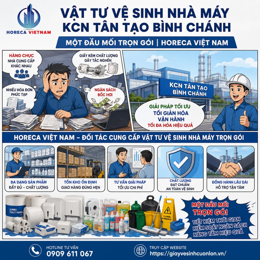 Cung cấp vật tư vệ sinh nhà máy KCN Tân Tạo Bình Chánh trọn gói tại Horeca Việt Nam