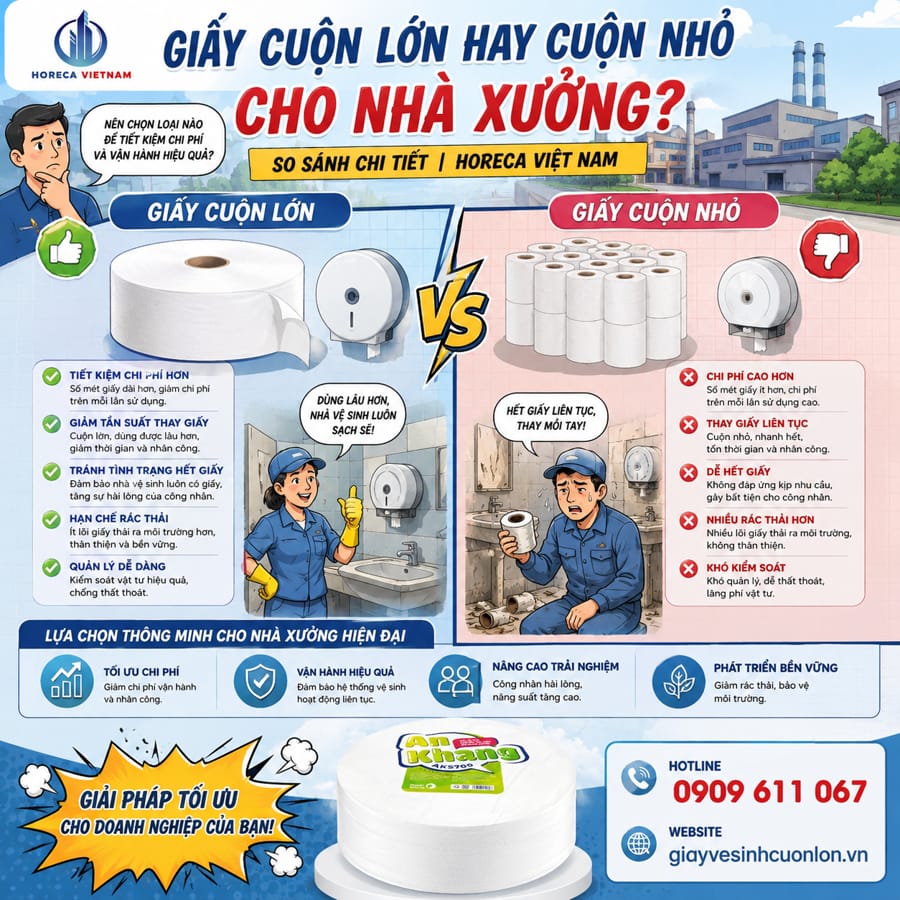 So sánh chi tiết nên chọn giấy cuộn lớn hay cuộn nhỏ cho nhà xưởng tại Horeca Việt Nam