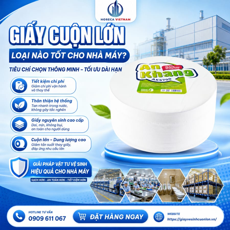 Giấy vệ sinh cuộn lớn loại nào tốt cho nhà máy? Tiêu chí chọn tại Horeca Việt Nam