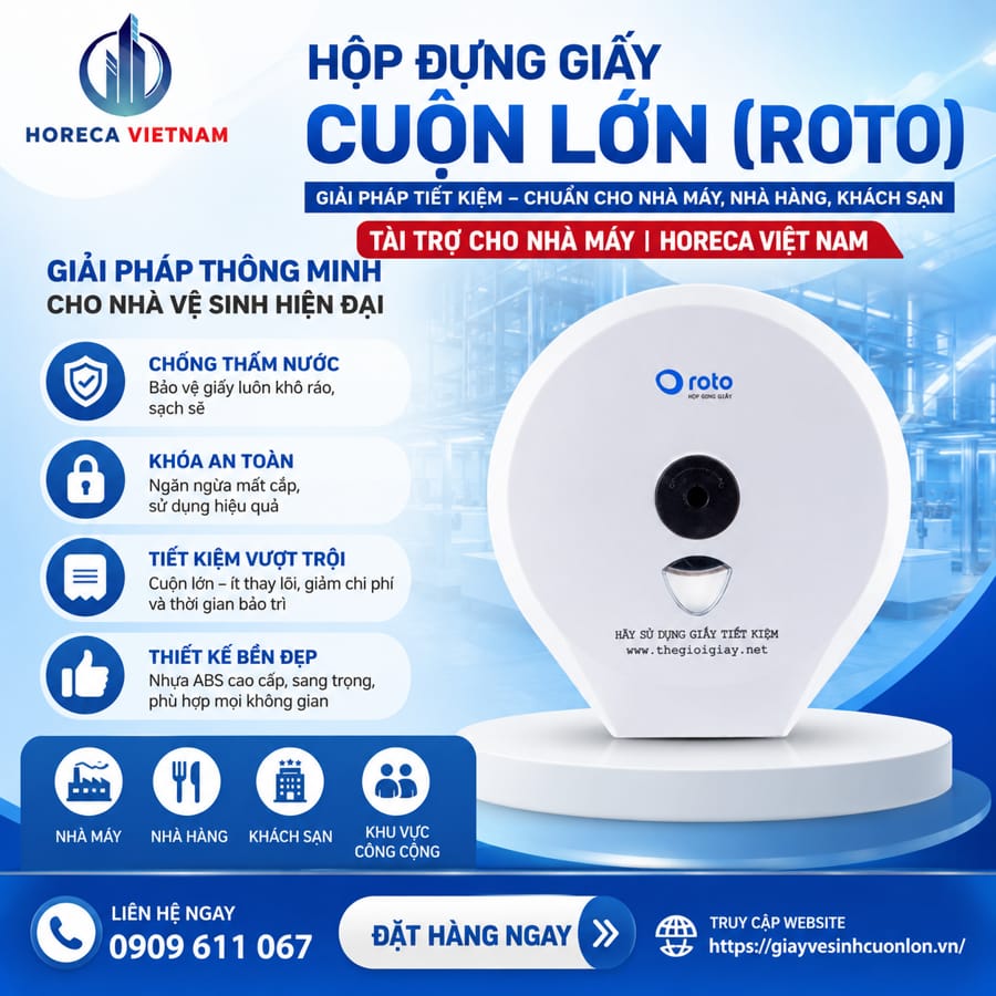 Hộp đựng giấy vệ sinh cuộn lớn Roto tài chợ cho nhà máy tại Horeca Việt Nam