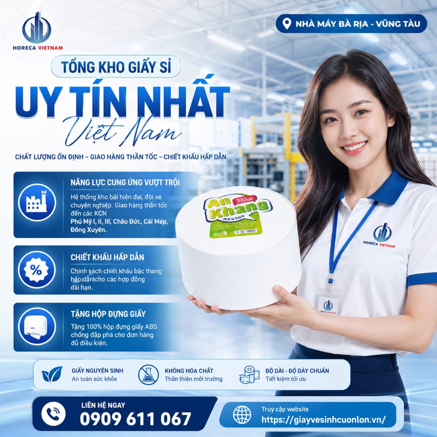 Horeca Việt Nam tổng kho giấy vệ sinh cuộn lớn cho nhà máy Bà Rịa - Vũng Tàu uy tín nhất