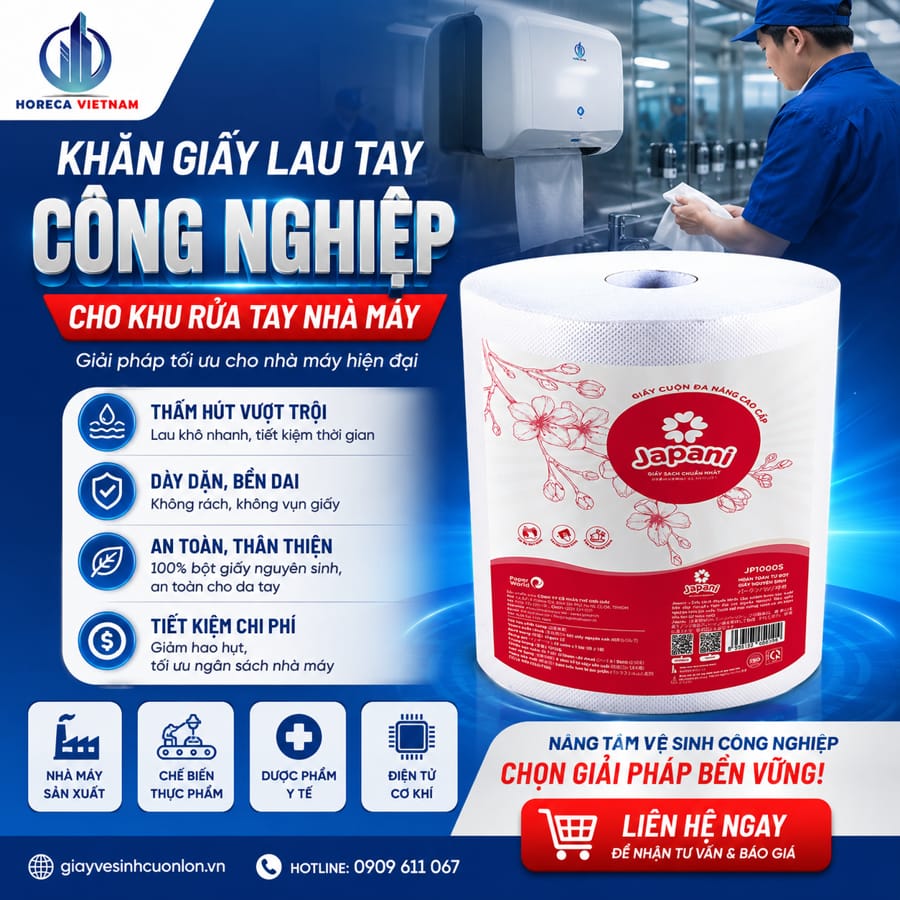 Khăn giấy lau tay công nghiệp cho khu rửa tay nhà máy tại Horeca Việt Nam