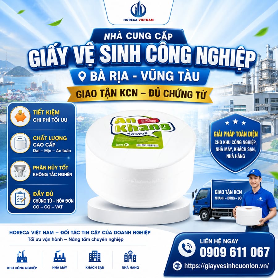 Nhà cung cấp giấy vệ sinh công nghiệp Bà Rịa - Vũng Tàu giao tận KCN đủ chứng từ tại Horeca Việt Nam