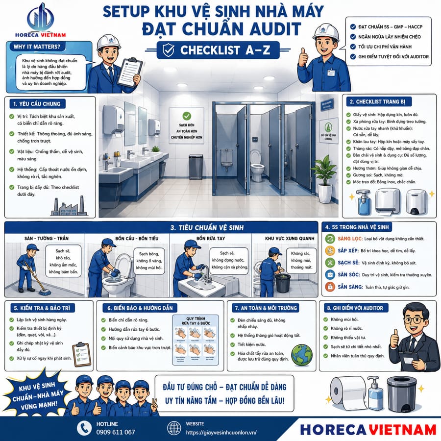 Cách setup nhà vệ sinh nhà máy đạt chuẩn audit tại Horeca Việt Nam