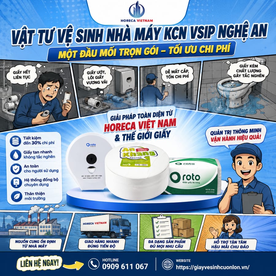 Cung cấp vật tư vệ sinh nhà máy KCN VSIP Nghệ An bài bản, chuyên nghiệp và tối ưu chi phí tận gốc tại Horeca Việt Nam