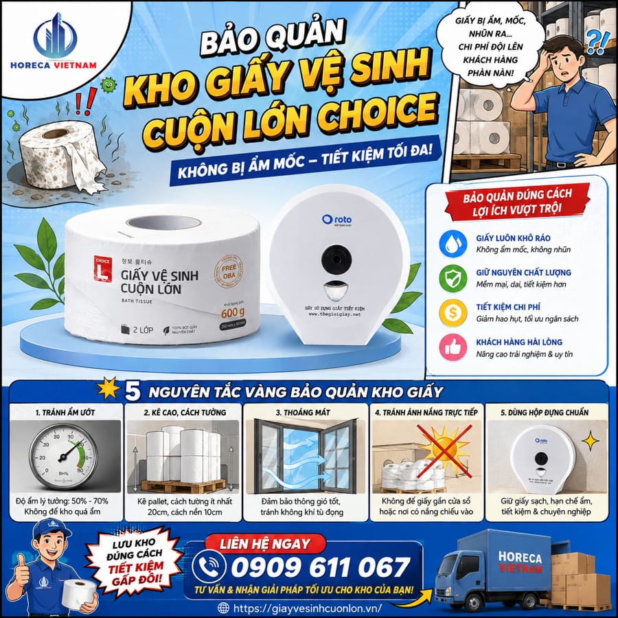 Cách bảo quản giấy vệ sinh cuộn lớn Choice chuẩn xác nhất, giúp tối ưu hóa 100% vòng đời sản phẩm.