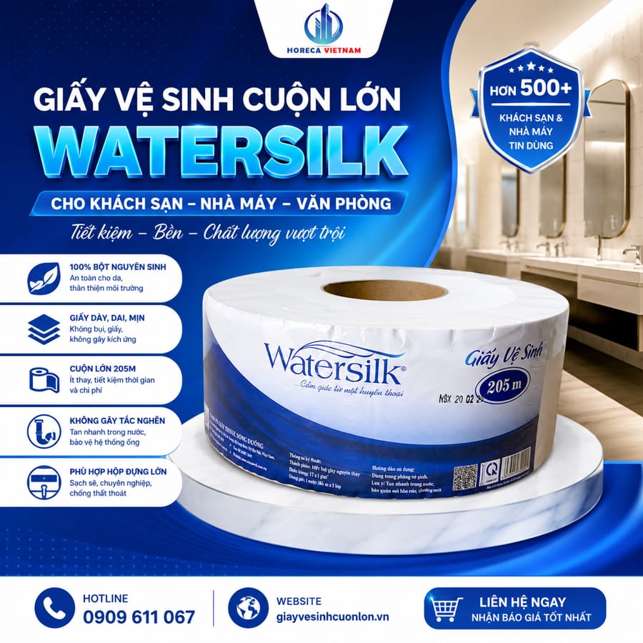 Giấy vệ sinh cuộn lớn Watersilk cho khách sạn nhà máy văn phòng tiết kiệm giá tốt