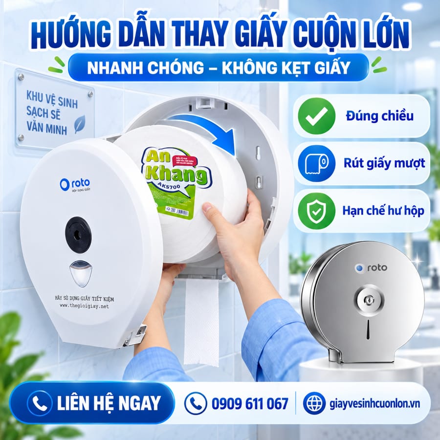 Hướng dẫn cách thay giấy vệ sinh cuộn lớn chuẩn xác, an toàn, áp dụng cho mọi loại hộp từ nhựa ABS đến Inox cao cấp.