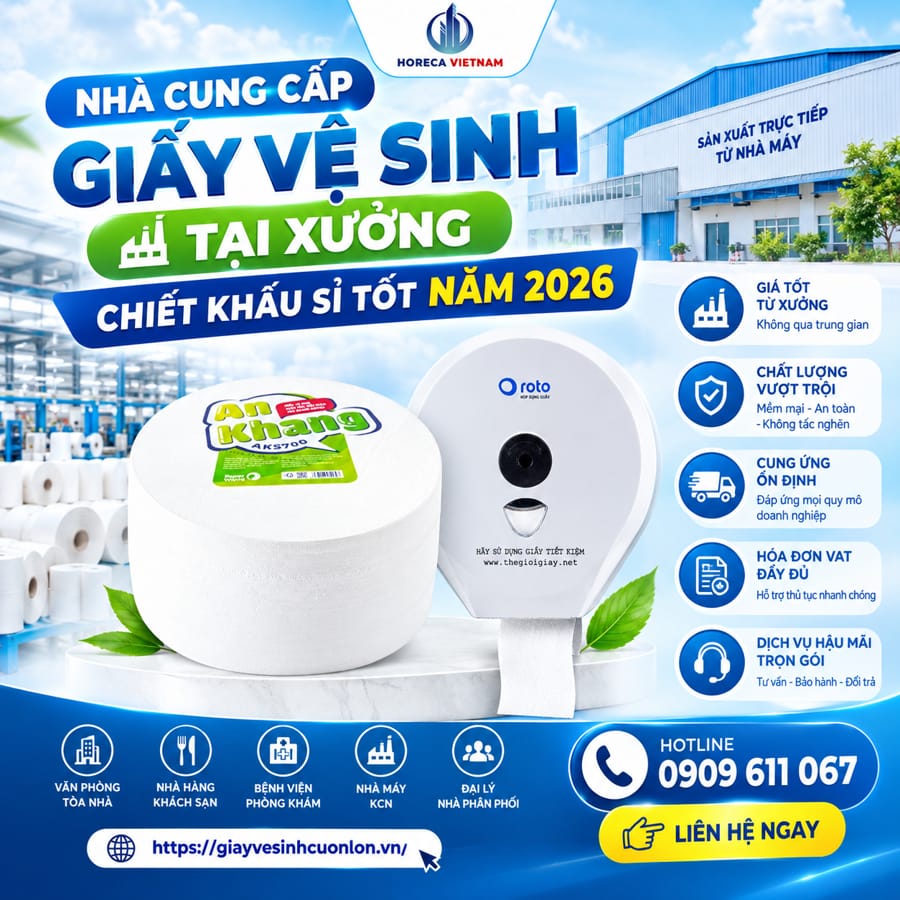 Horeca Việt Nam nhà cung cấp giấy vệ sinh trực tiếp từ xưởng, mang lại chiết khấu sỉ sâu, chất lượng vượt trội và dịch vụ hậu mãi trọn gói.