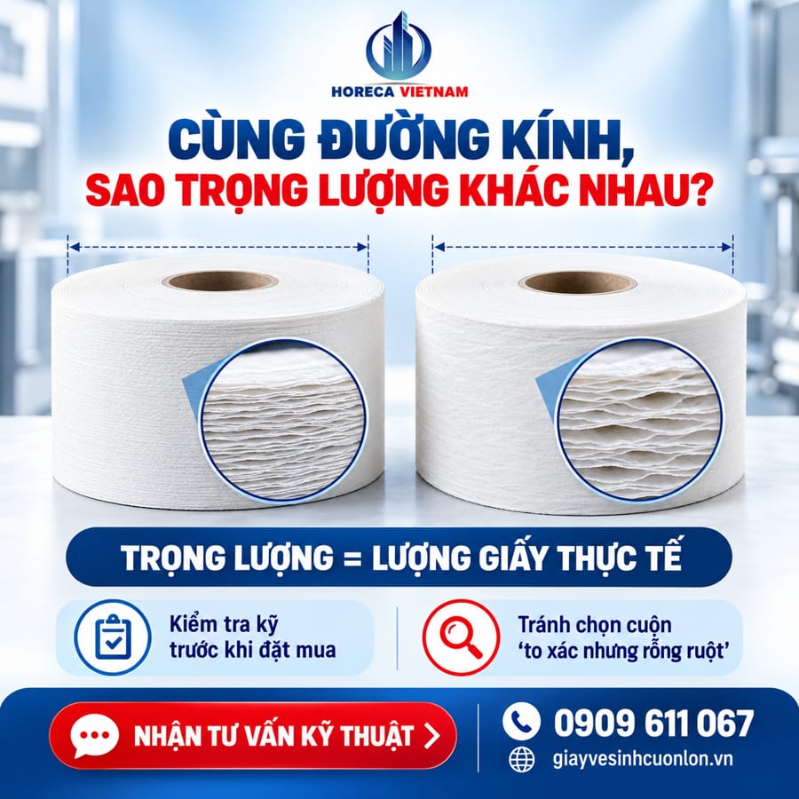 Việc không hiểu rõ vì sao hai cuộn cùng đường kính khác trọng lượng có thể dẫn đến những quyết định sai lầm, gây thất thoát chi phí lớn khi mua phải những cuộn giấy "to xác nhưng rỗng ruột". Hãy cùng Horeca Việt Nam bóc tách sự thật này để bảo vệ ngân sách của doanh nghiệp bạn.